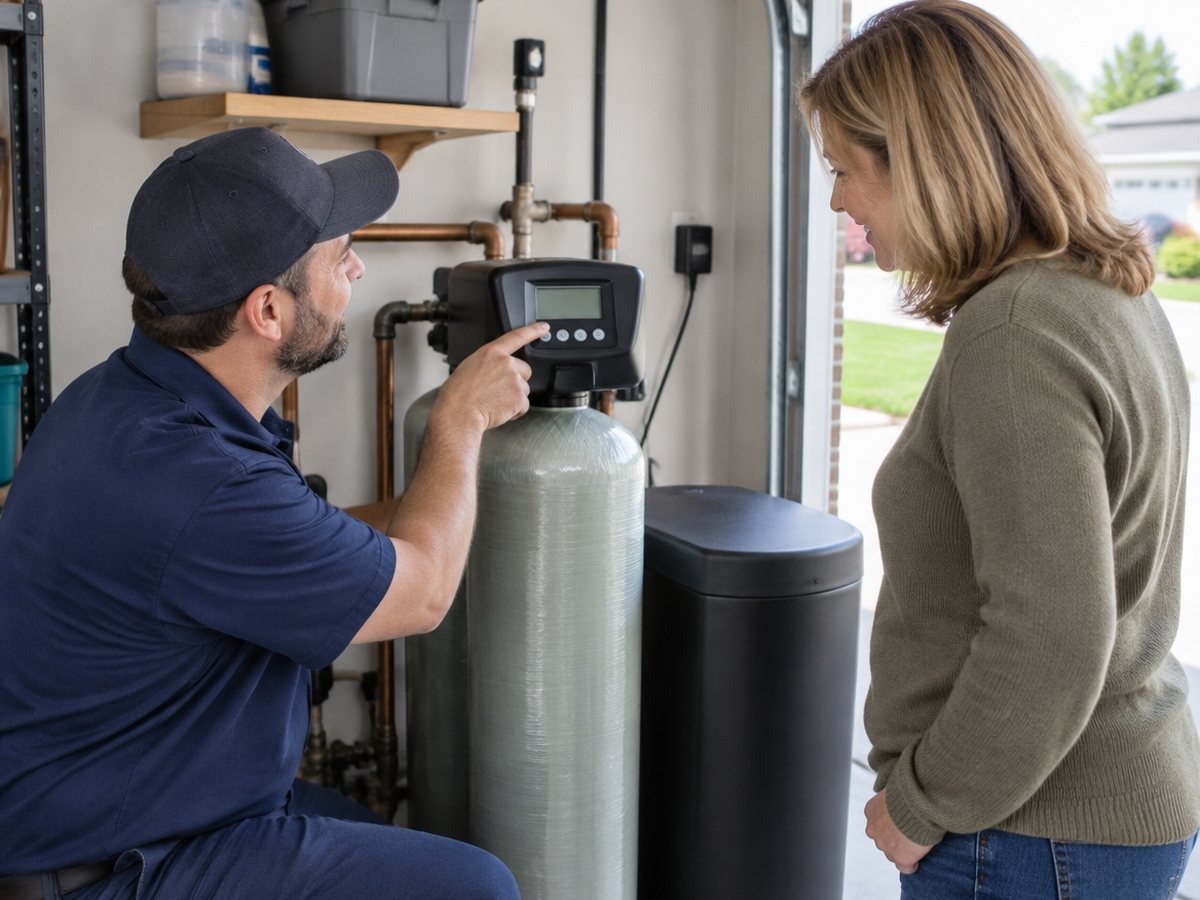 DMV Water Pros installer reviewing a softener control valve with a homeowner