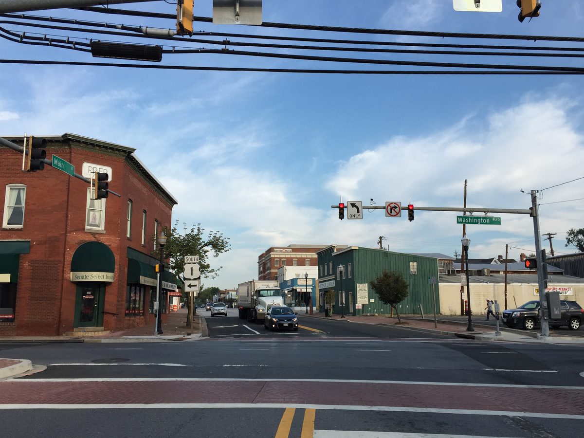 2016-09-09 07 56 16 View northwest at the northwest end of Maryland State Route 979 (Main Street) at U.S. Route 1 southbound (Washington Boulevard) in Laurel, Prince Georges County, Maryland in Laurel, MD