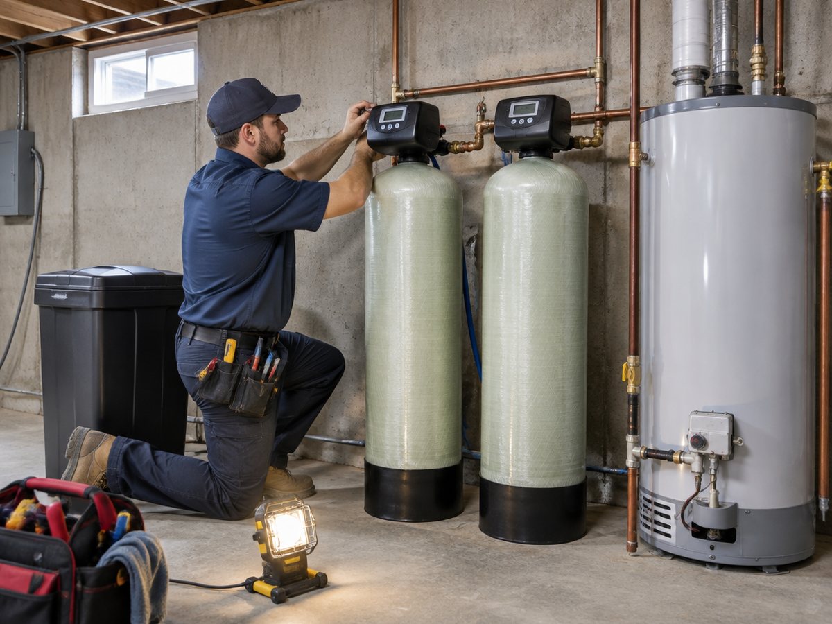 Licensed plumber installing a water softener beside a water heater in a basement utility room