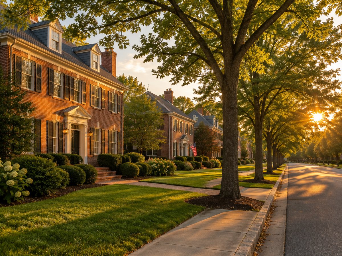 Tree-lined street of brick colonial homes in Northern Virginia